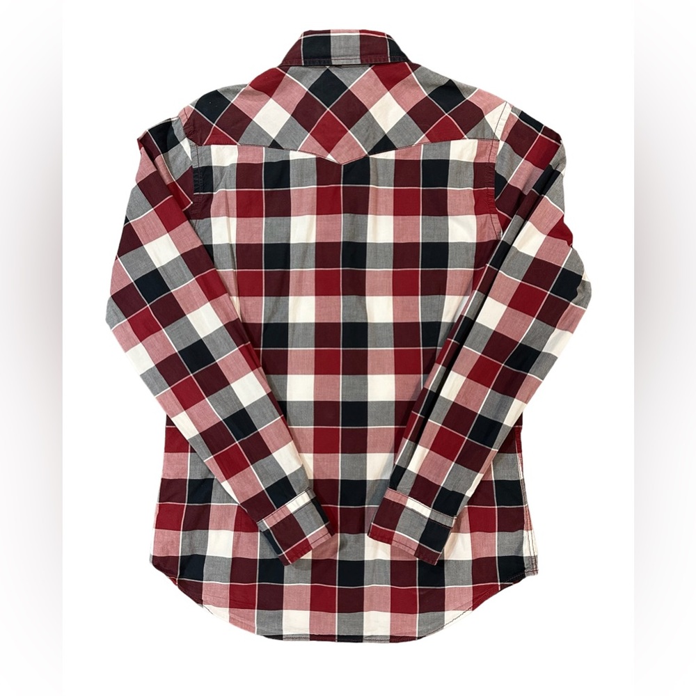 Express Men's Maroon/ White Plaid Button Up Fitted Shirt Size M Front Pockets - Picture 4 of 16